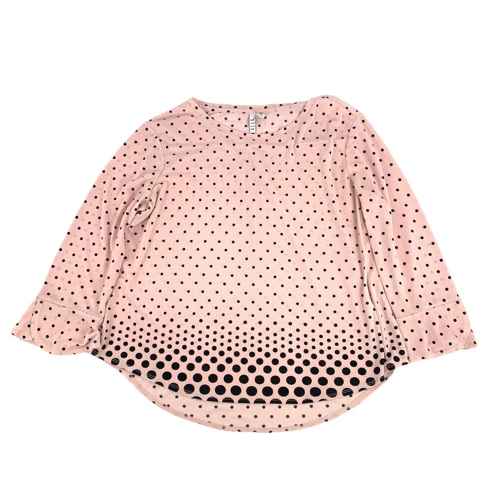 Elle Long Ruffle Sleeve Polka Dot Print Blouse Large Womens Light Pink Black L